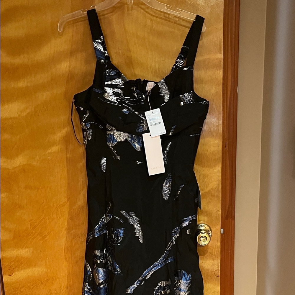 Black Sleeveless Evening Dress with Silver-Blue Foil Detail